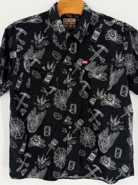 DIXXON Black Short-Sleeve Button-Up Shirt with White Tattoo Graphics